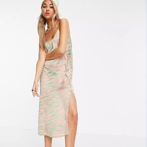 COLLUSION zebra print slip cami midi dress in pink & green